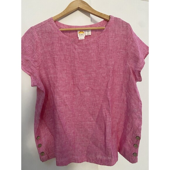 C&C California Womens Top Blouse Large Linen Red Wood Buttons - Picture 1 of 6